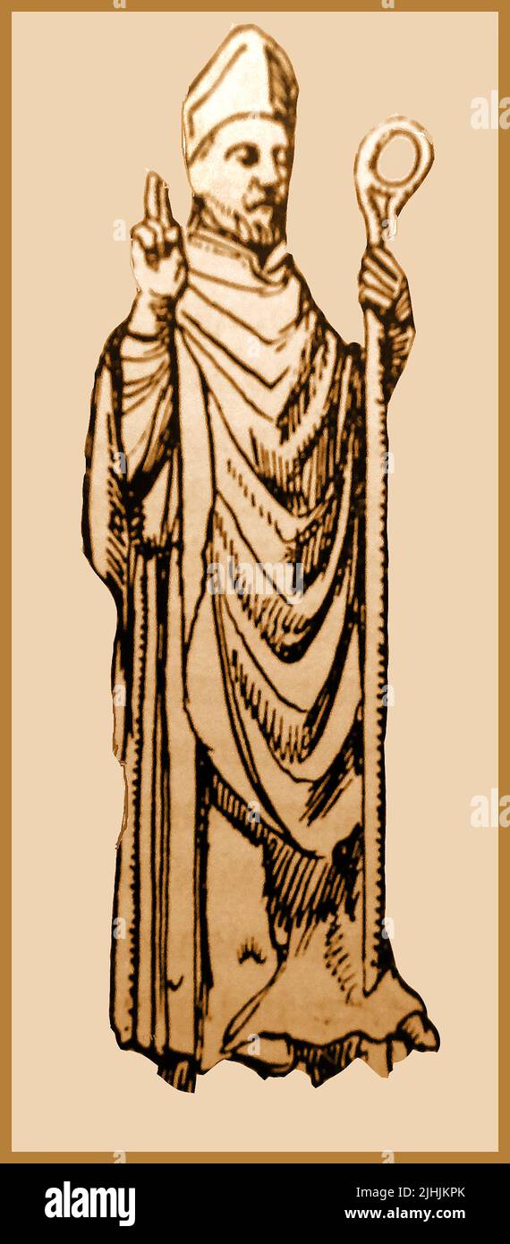 Un croquis des années 1930 d'une statue de St Hugh sur la cathédrale de Lincoln, Angleterre. L'évêque Hugh de Lincoln (c. 1135–1200), était également connu sous le nom de Hugh d'Avalon. Il était à l'origine un moine bénédictin et charhusien d'origine française Banque D'Images