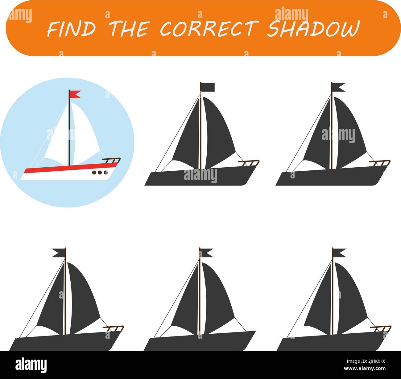 Trouvez la silhouette du bateau. Trouvez l'ombre correcte. Jeu éducatif pour les enfants. Banque D'Images