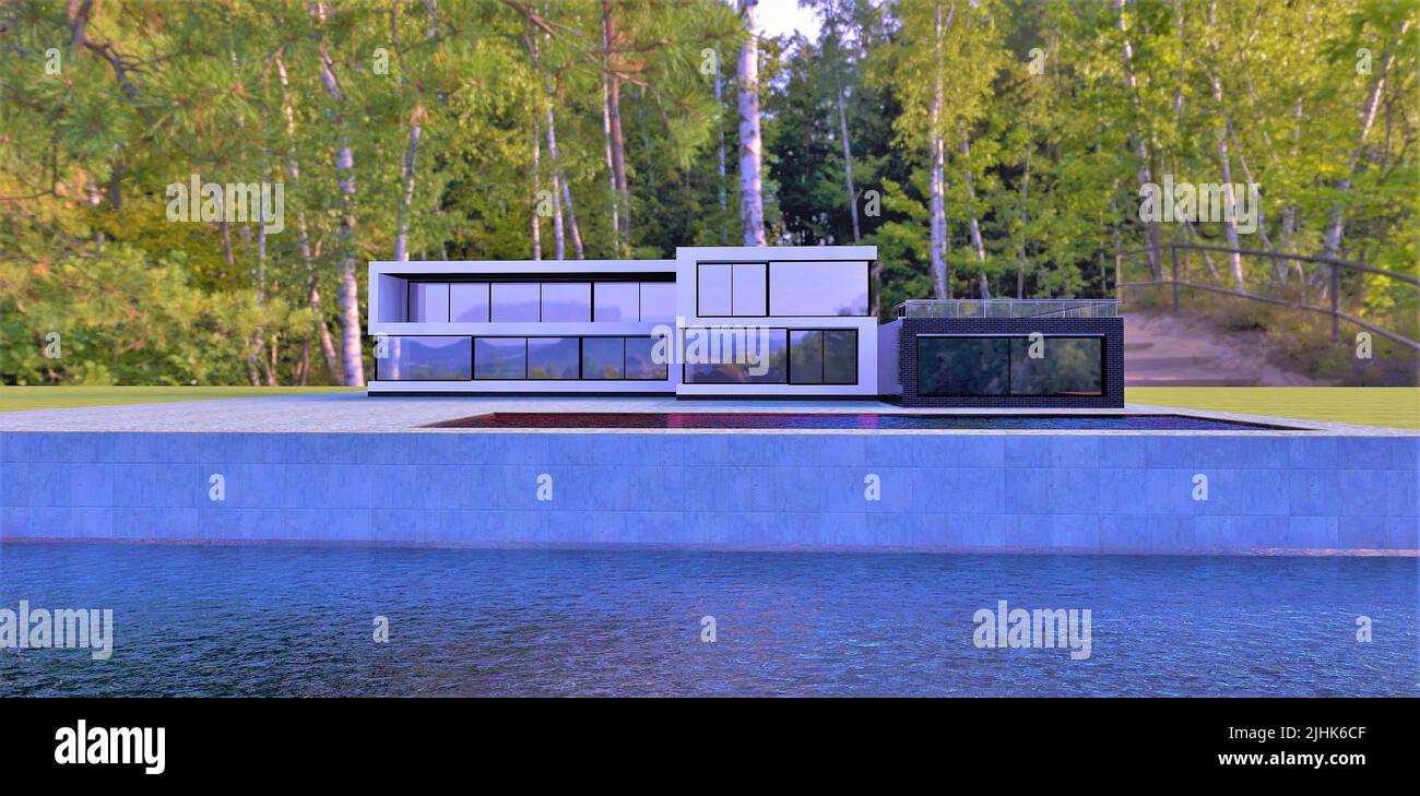 Forêt de bouleau. Projet conceptuel d'une maison de haute technologie avec piscine. Jetée en béton sur une rivière tranquille. 3d rendu. Banque D'Images