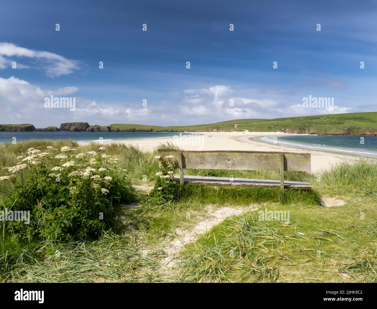 Île de St Ninian, Shetland, Écosse, Royaume-Uni avec le meilleur exemple au Royaume-Uni d'un tombolo, la plage, reliant une île et le continent. Banque D'Images