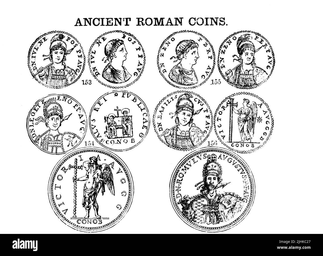 Pièces de l'ancien Empire romain tirées de l'encyclopédie illustrée du livre pièces d'or et d'argent du monde; illustrant le moderne, ancien, actuel et curieux, de A.D. 1885 à B.C. 700 par Andrew Madsen Smith, date de publication 1886 Banque D'Images