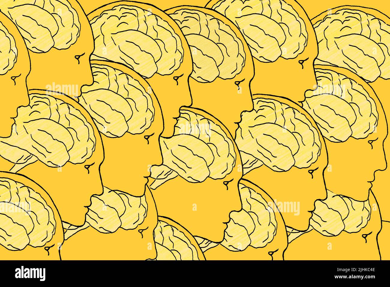 Têtes humaines et cerveau. Illustration dessinée à la main sur fond jaune. Le concept de la créativité humaine et de l'esprit collectif. Idée, analyse, remue-méninges, Banque D'Images