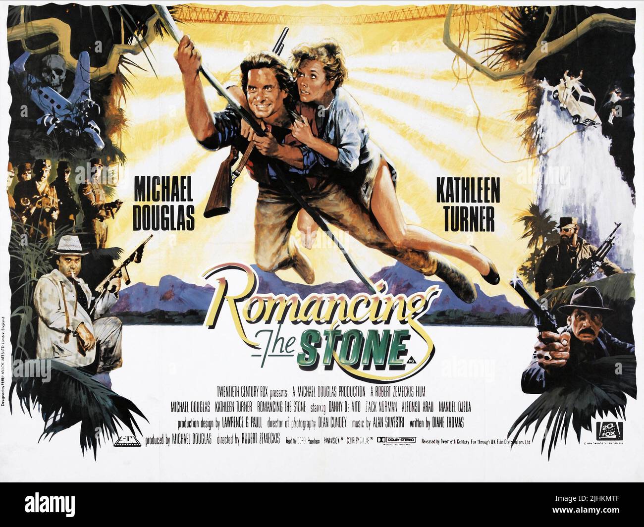 DANNY DEVITO, MICHAEL DOUGLAS, Kathleen Turner, ALFONSO ARAU POSTER, Romancing la pierre, 1984 Banque D'Images
