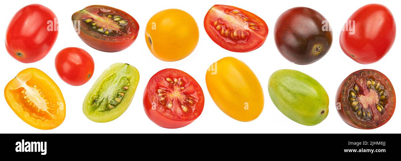 Tomates cerises multicolores isolé sur fond blanc Banque D'Images