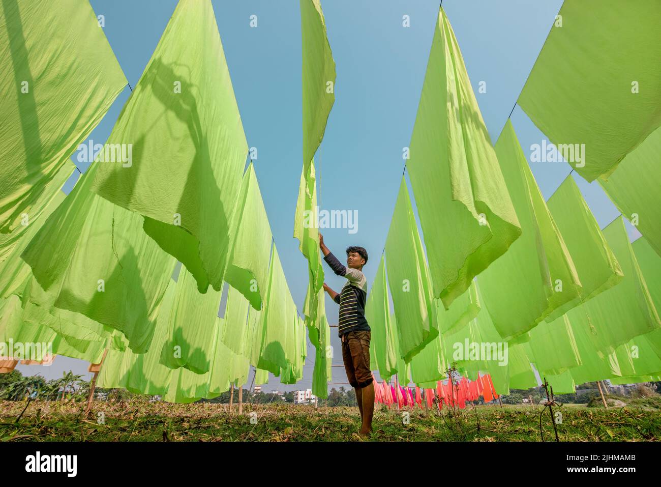Fils et tissus colorés teints et séchant dans les champs ouverts. Textile, vêtements, mode, teinture de tissu, fait à la main, procédé de séchage, artisanat rural Banque D'Images