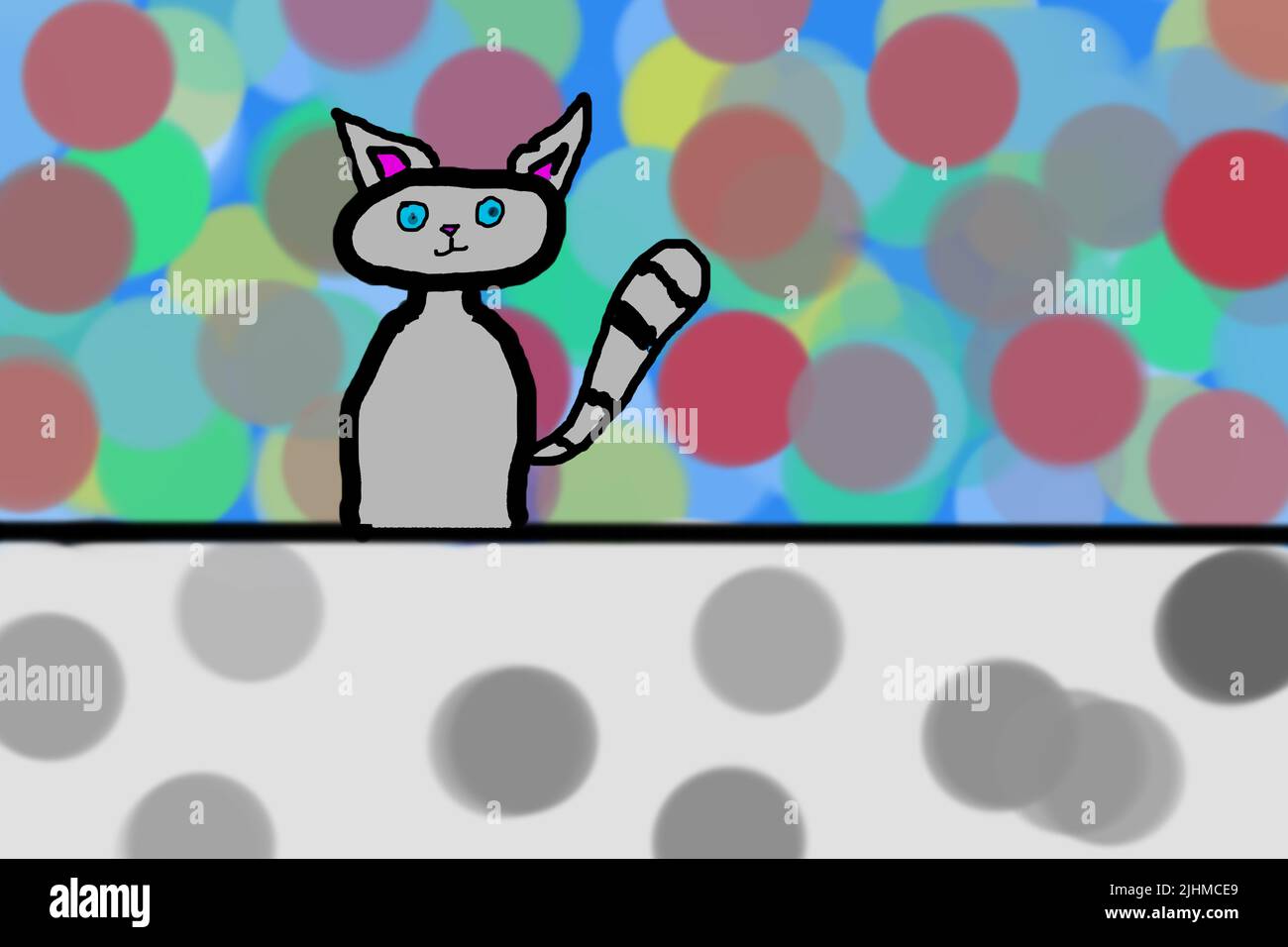 Chat gris sur fond de cercles multicolores. Dessin des enfants. Photo de haute qualité Banque D'Images