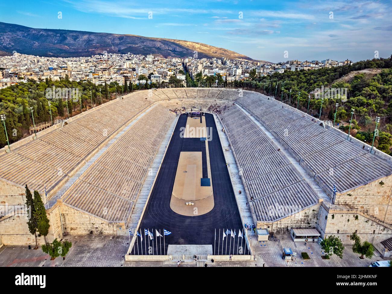 Vue aérienne du Panathinaiko ou du stade panathénaïque, où les premiers Jeux Olympiques de l'époque moderne ont eu lieu en 1896. Athènes, Grèce. Banque D'Images