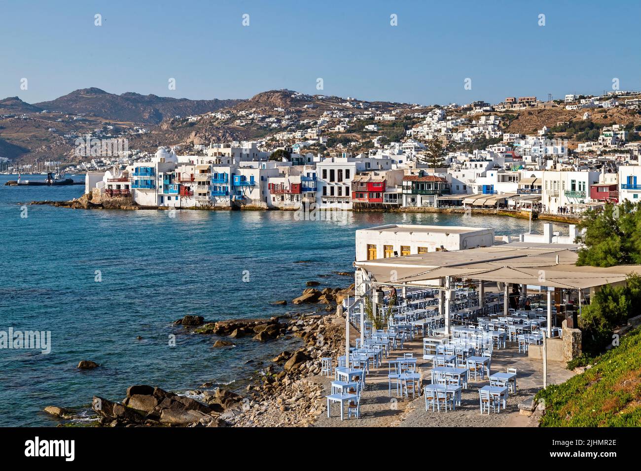 Vue sur la petite Venise, l'île de Mykonos, les Cyclades, la mer Égée, la Grèce. Banque D'Images