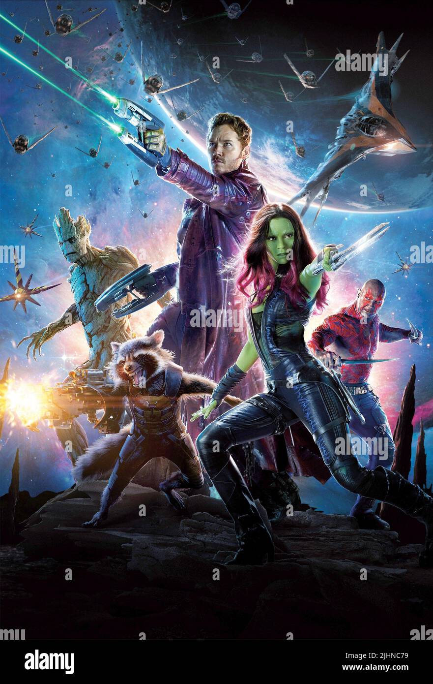 GROOT, Rocket, CHRIS PRATT, Zoe Saldana, DAVE BAUTISTA, GARDIENS DE LA GALAXIE, 2014 Banque D'Images