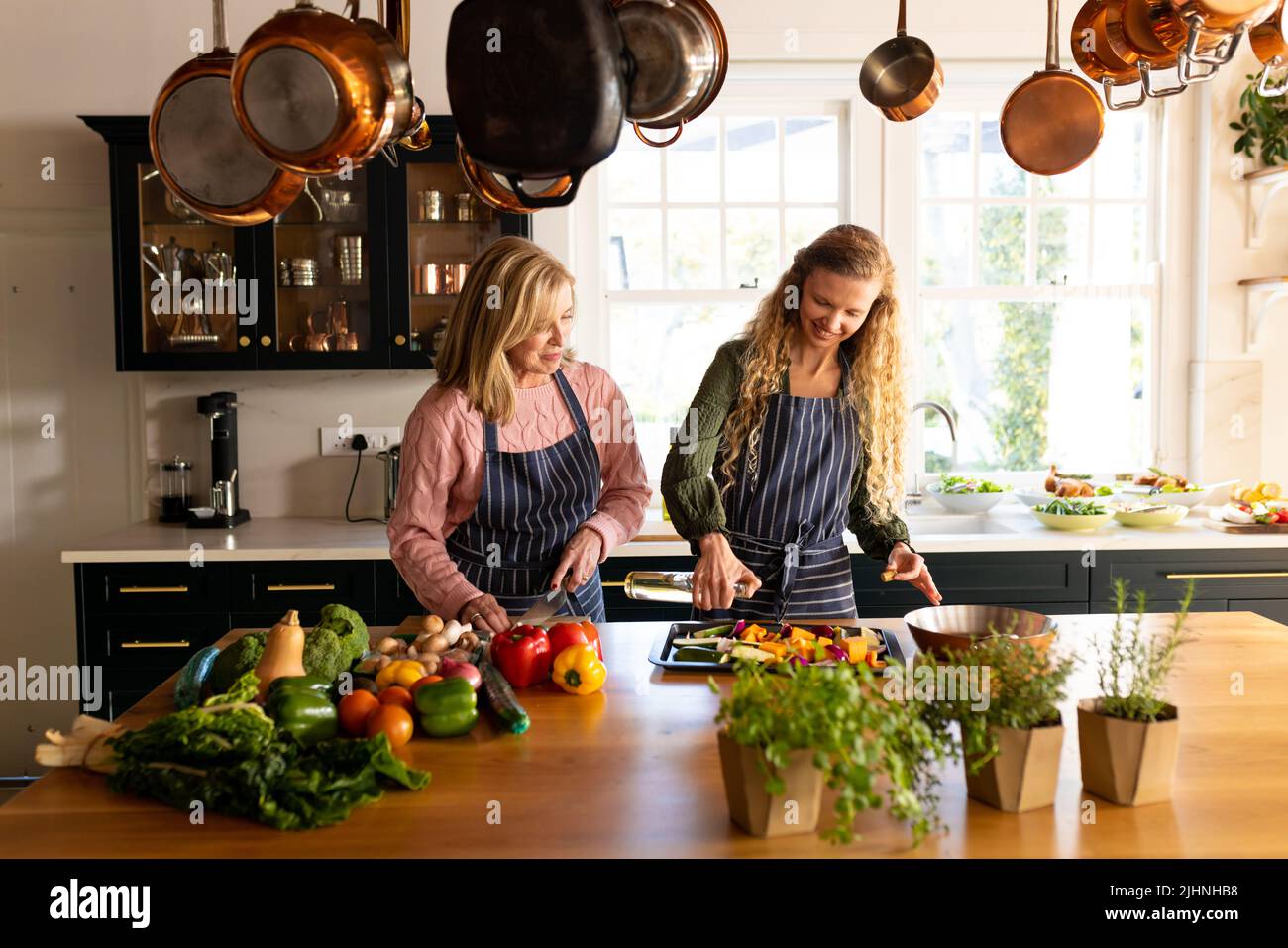 Image de la bonne mère caucasienne et de la fille adulte préparant le repas dans la cuisine Banque D'Images