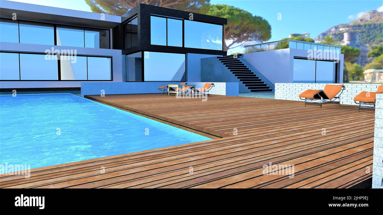 Plancher - terrasse. Piscine avec eau bleue. Une maison high-tech de pointe. 3d rendu. Banque D'Images
