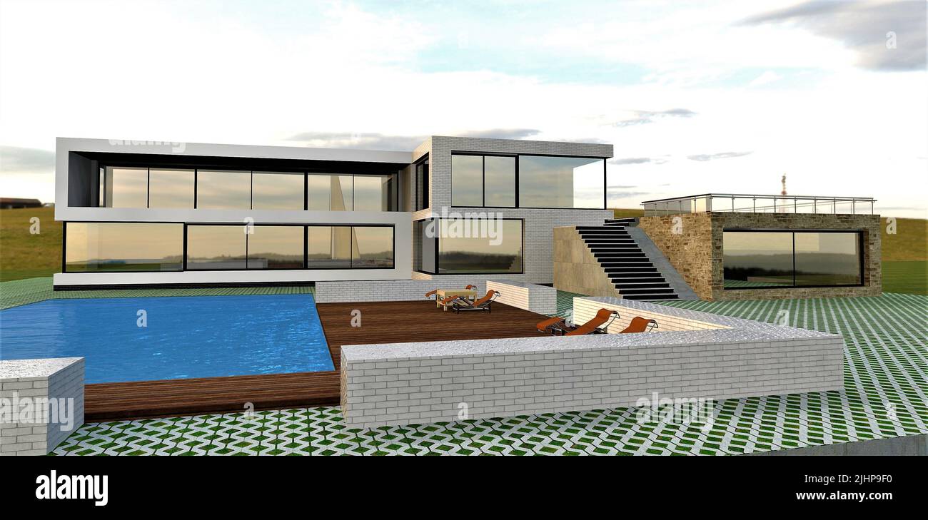 Magnifique maison high-tech avec piscine. Plancher - terrasse. Clôture du salon - briques blanches. Escalier au deuxième étage. 3d rendu. Banque D'Images