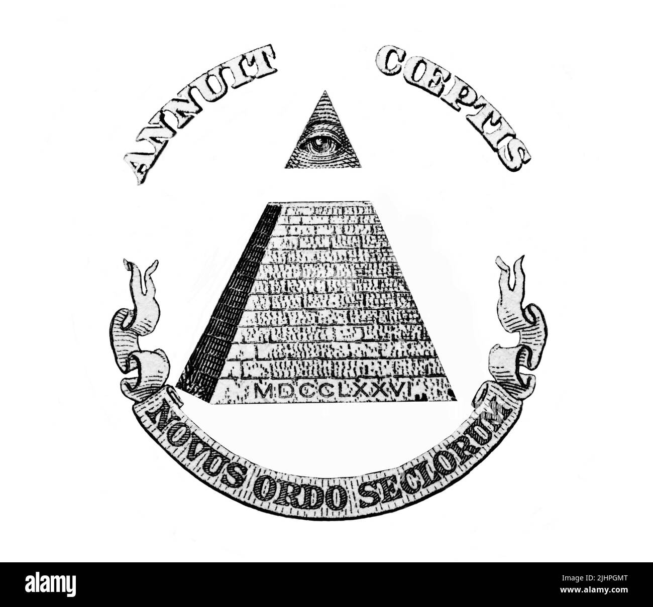 Pyramide d'un dollar de facture isolée. Macro.Dollar USA , pyramide, oeil de Providence. Noir et blanc. Gros plan extrême. Peut être utilisé pour une connexion réussie Banque D'Images