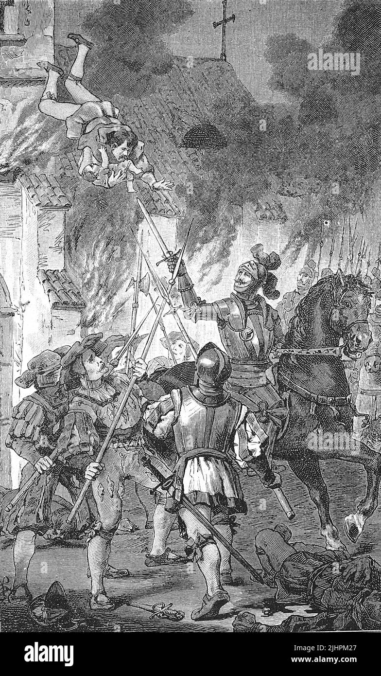 Guerre des paysans allemands, 1524-1526, Un Baür se jette lui-même et son enfant de la tour brûlante de Thayngen. Thayngen est une municipalité du canton de Schaffhausen en Suisse, une reproduction historique et numérique améliorée d'un original datant du 19th siècle Banque D'Images