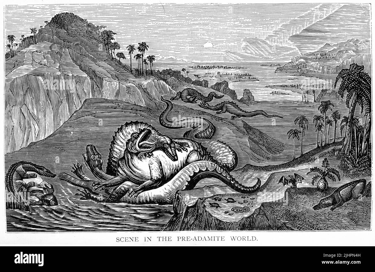 Gravure du monde pré-adamite, à partir d'un premier livre sur la science de la création Banque D'Images
