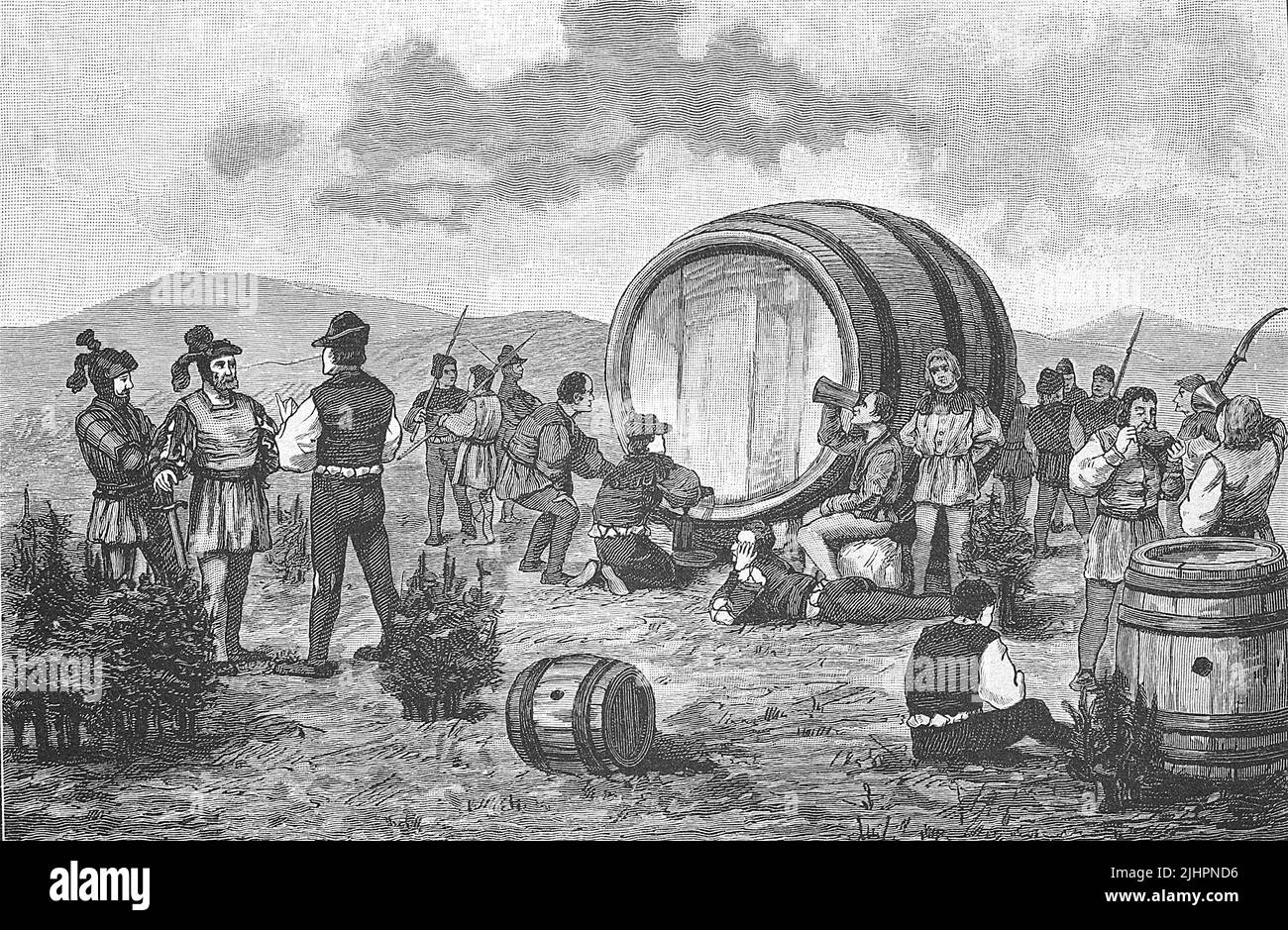 Deutscher Bauernkrieg, 1524-1526, Bauernlager auf dem Wachholder mit einem grossen Weinfass / Guerre des paysans allemands, 1524-1526, camp des paysans sur le Juniper avec un grand tonneau de vin, Historisch, restauration numérique Reproduktion einer Originalvorlage aus dem 19. Jahrhundert, genaues Originaldatum nicht bekannt, Banque D'Images