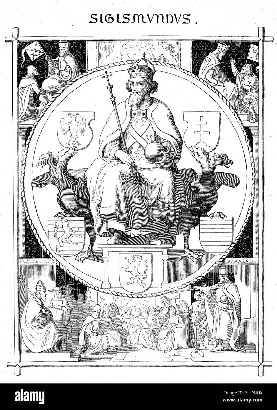 Sigismund von Luxembourg (geboren 15. Février 1368, gesturben 9. Dezember 1437), auch Siegmund, stamte aus dem Hause der Luxemburg. Er war Kurürst von Brandenburg von 1378 bis 1388 und von 1411 bis 1415, römisch-deutscher König seit 1411, König von Böhmen seit 1419 und römisch-deutscher Kaiser von 1433 bis zu seinem Tode / Sigismund de Luxembourg (né 15 février 1368, mort 9 décembre 1437), également Siegmund, Venu de la Maison du Luxembourg. Il est électeur de Brandebourg de 1378 à 1388 et de 1411 à 1415, roi romain-allemand depuis 1411, roi de Bohême depuis 1419 et roi romain-allemand E. Banque D'Images