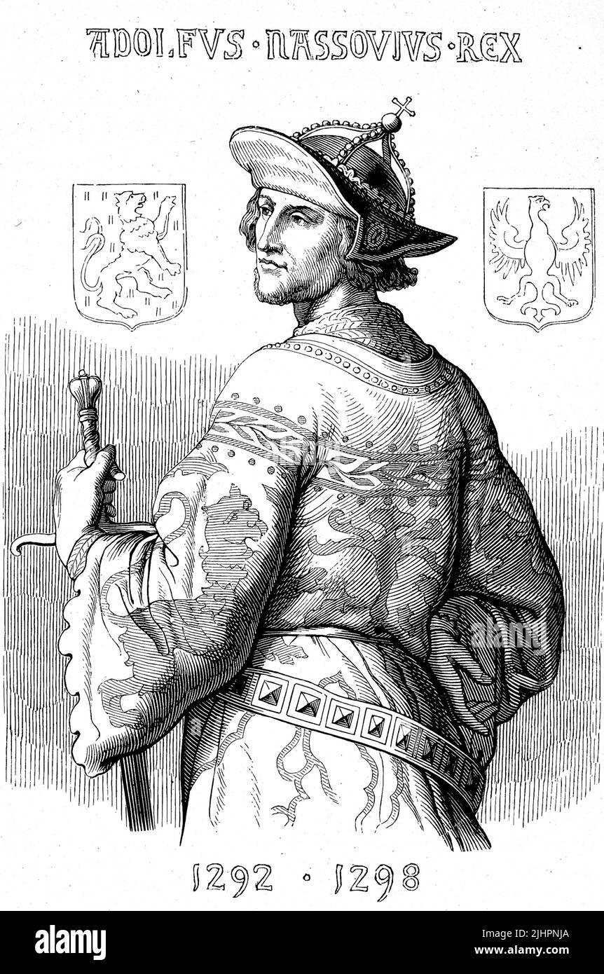 Adolf von Nassau (1250, gesturben 2. Juli 1298) aus dem Adelsgeschlecht der Nassauer (Walramische Linie) war von 1292 bis 1298 römisch-deutscher König / Adolf de Nassau (né avant 1250, mort 2 juillet 1298) de la famille noble de Nassau (ligne de Walram) était roi romain-allemand de 1292 à 1298, Historisch, Digital restaurierte Reproduktion einer Originalvorlage aus dem 19. Jahrhundert, genaues Originaldatum nicht bekannt, Banque D'Images