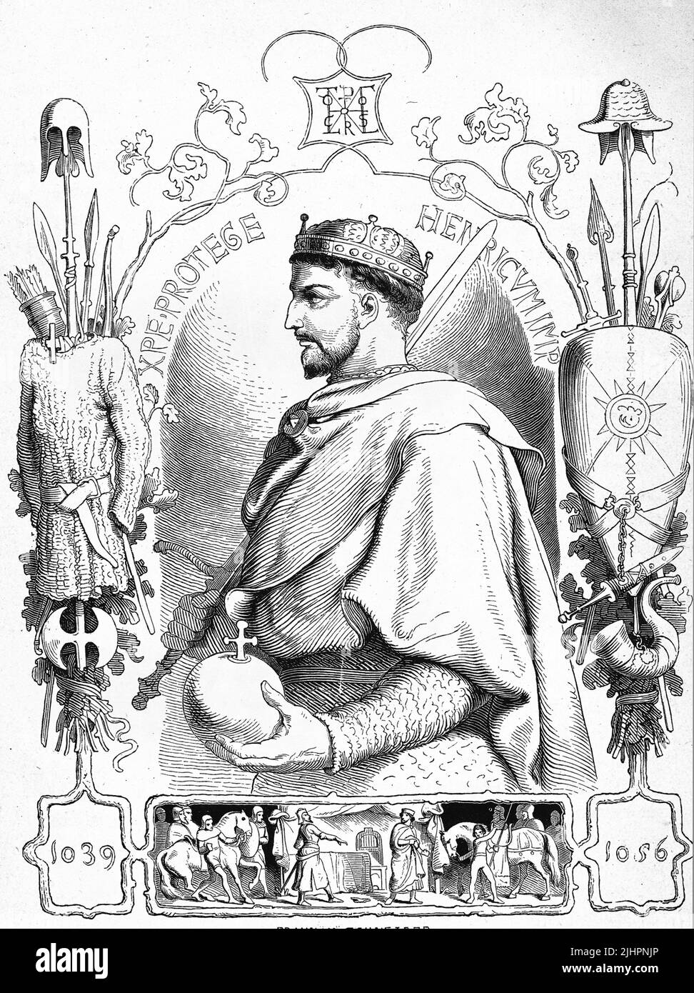 Heinrich III (geboren 28. Oktober 1017, gestorben 5. Oktober 1056) aus der Familie der Salier war von 1039 bis zu seinem Tod 1056 König und seit 1046 Kaiser im römisch-deutschen Reich / Henry III (né 28 octobre 1017, mort 5 octobre 1056) De la famille Salienne fut roi de 1039 jusqu'à sa mort en 1056 et empereur dans l'empire romain-allemand de 1046, Historisch, restauration numérique Reproduktion einer Originalvorlage aus dem 19. Jahrhundert, genaues Originaldatum nicht bekannt, Banque D'Images