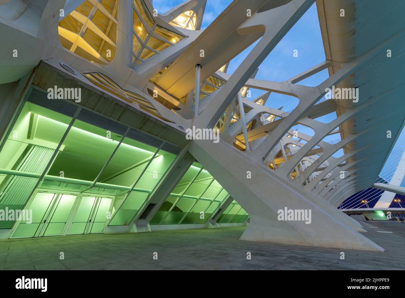 Extérieur illuminé du Musée des Sciences de la Cité des Arts et des Sciences, Valence, Espagne Banque D'Images