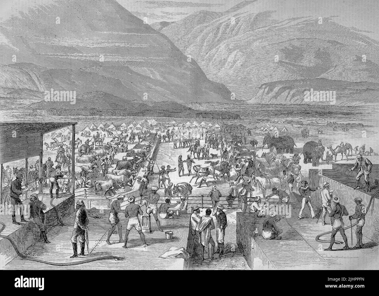 Expédition Abessinische von 1868, Britische Truppen am Wasserloch à Zulla, Zula, Äthiopien, expédition Abessinien / Abyssinienne de 1868, troupes britanniques au Waterhole de Zula, Zula, Ethiopie, Abyssinia, Historisch, Digital restaurierte Reproduktion einer Originalvorlage aus dem 19. Jahrhundert, genaues Originaldatum nicht bekannt, Banque D'Images