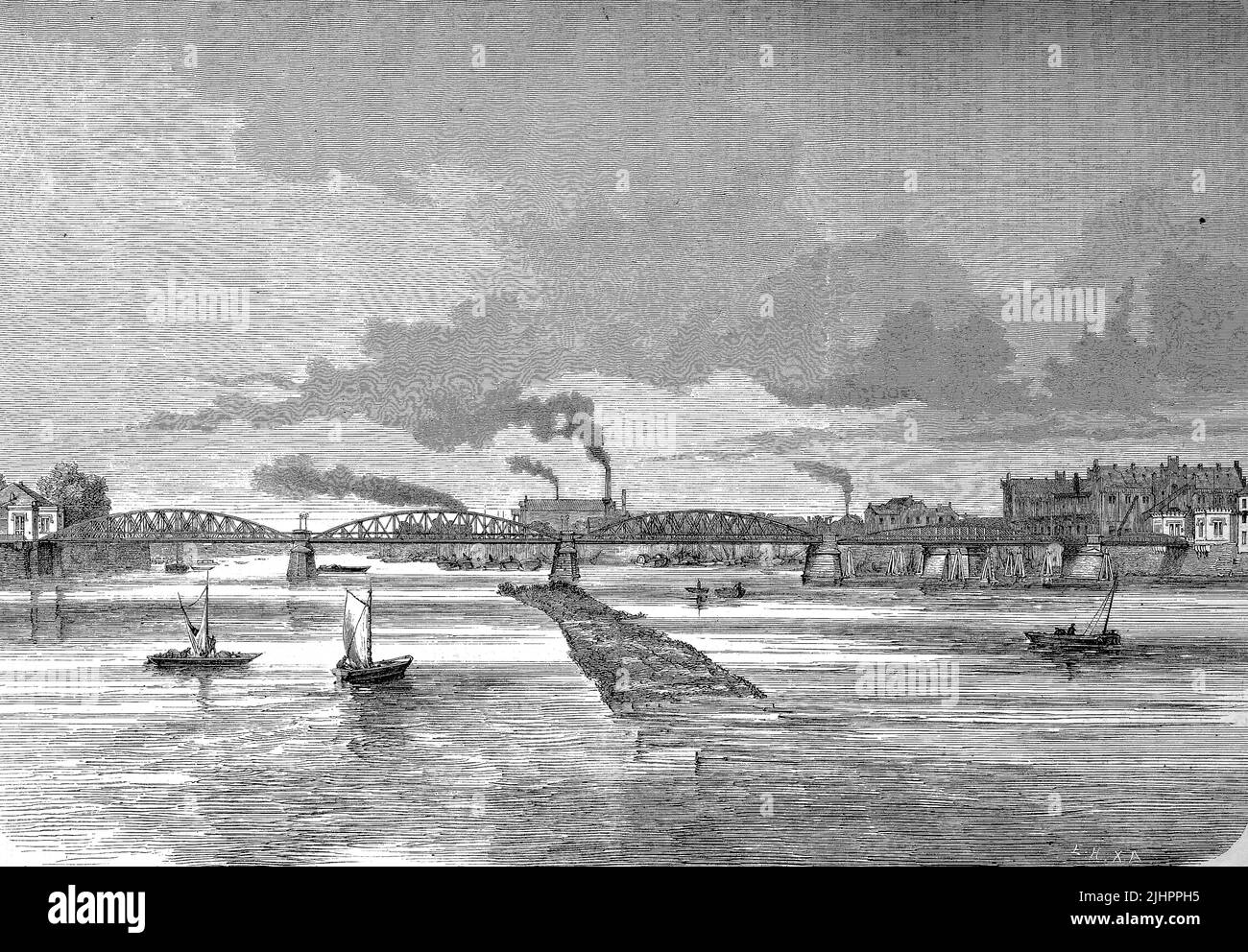 Brücke über die Weser BEI Bremen, Deutschland / pont traversant la rivière Weser près de Brême, Allemagne, Historisch, digital restaurierte Reproduktion einer Originalvorlage aus dem 19. Jahrhundert, genaues Originaldatum nicht bekannt, Banque D'Images