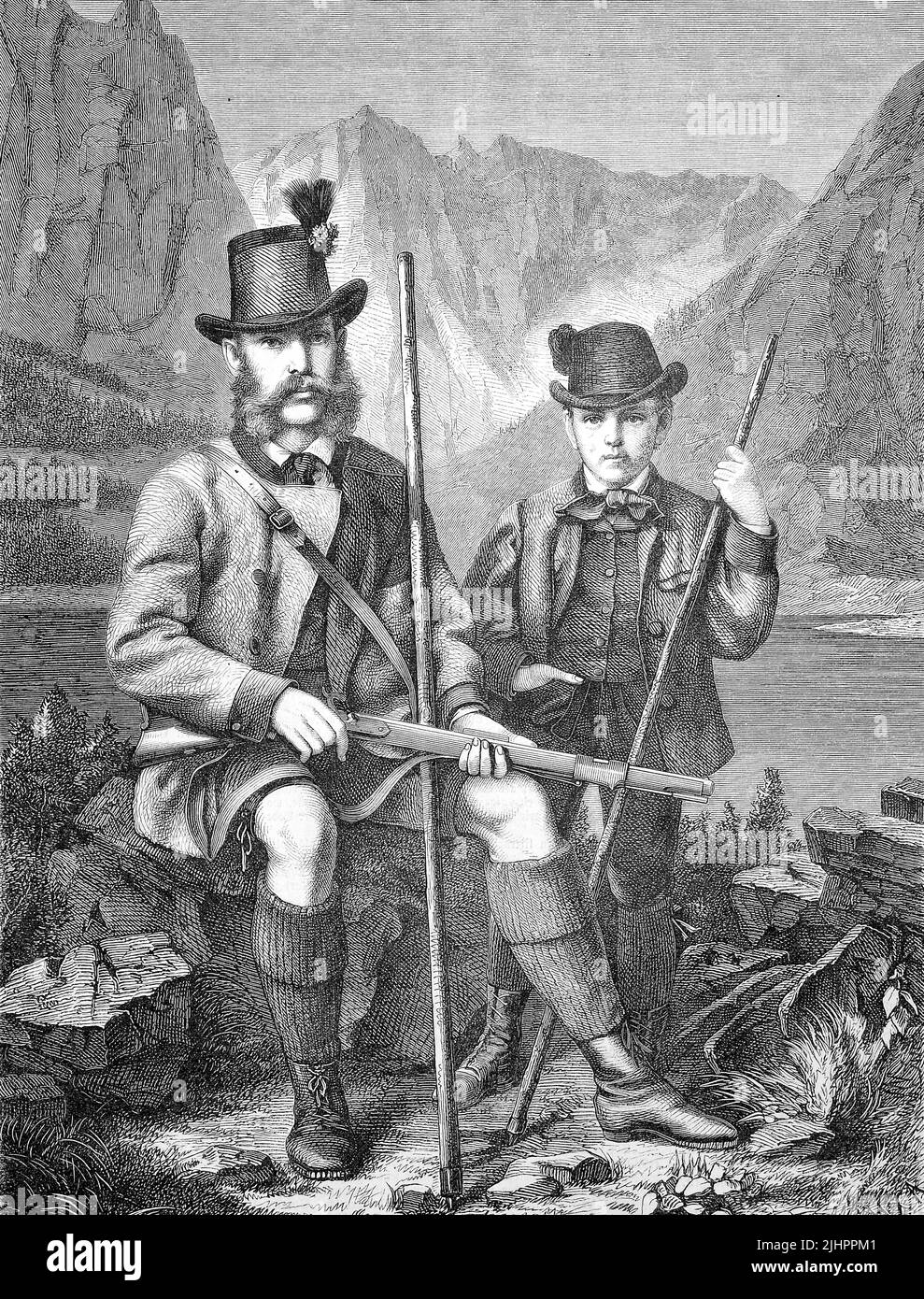 Kaiser Franz Joseph I. von Österreich und Rudolf, Kronprinz von Österreich BEI der Jagd auf Gämsen in den österreichischen Alpen, Österreich / Empereur Franz Joseph I d'Autriche et Rudolf, Prince héritier d'Autriche à la chasse au chamois dans les alpes autrichiennes, Autriche, Historisch, Digital restaurierte Reproduktion einer Originalvorlage aus dem 19. Jahrhundert, genaues Originaldatum nicht bekannt, Banque D'Images