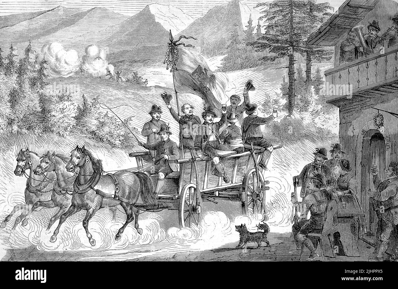 Die Schützen aus dem Pustertal, Südtirol, Histordem Weg mit einem Reisebus zum dritten Bundesschützenfest, Schützenfest 1868, Wien, Österreich / les tireurs de la vallée de Puster, tyrol du Sud, en route avec un entraîneur au troisième festival fédéral allemand de tir, festival allemand de tournage en 1868, Vienne, Autriche Digital restaurierte Reproduktion einer Originalvorlage aus dem 19. Jahrhundert, genaues Originaldatum nicht bekannt, Banque D'Images