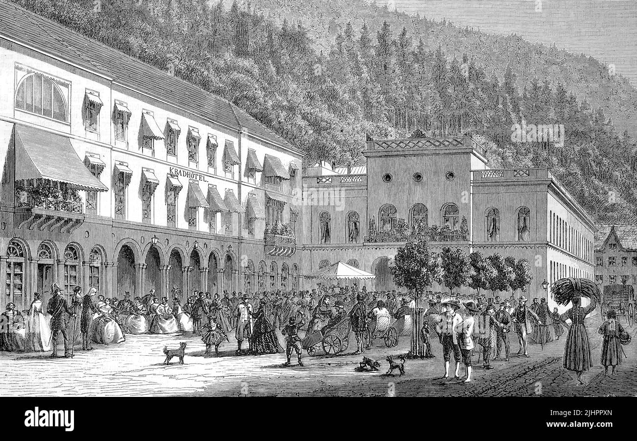 Der Kurort Wildbad mit dem Badehaus und dem Kurhotel / le spa de Wildbad avec la maison de bain et l'hôtel spa, Historisch, restauration numérique Reproduktion einer Originalvorlage aus dem 19. Jahrhundert, genaues Originaldatum nicht bekannt, Banque D'Images