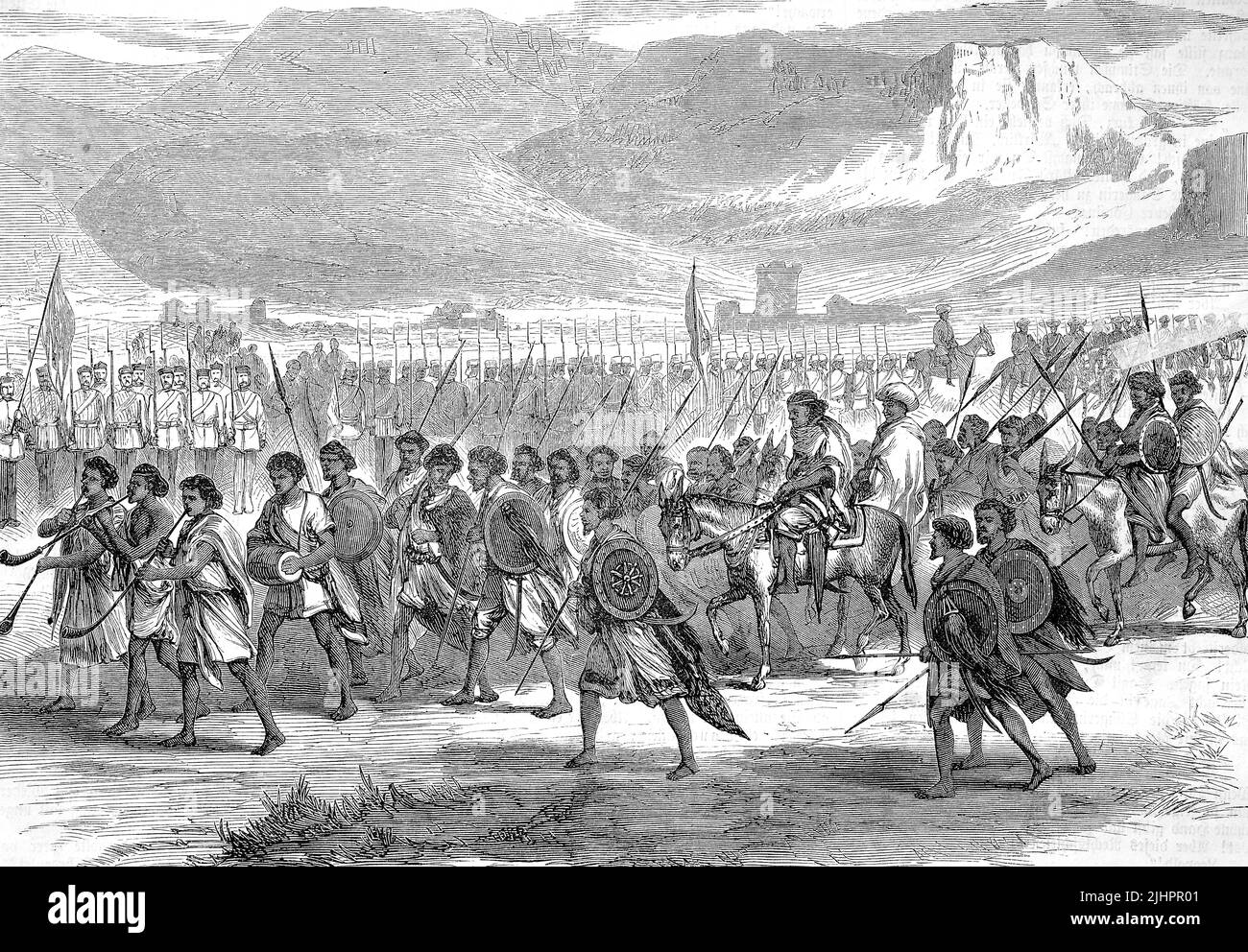 Expédition abessinische von 1868, Ankunft von Kassa von Tirge im englischen Soldatenlager / expédition abyssinienne de 1868, arrivée de Kassa von Tirge au camp de soldats anglais, Historisch, restauration numérique Reproduktion einer Originalvorlage aus dem 19. Jahrhundert, genaues Originaldatum nicht bekannt, Banque D'Images