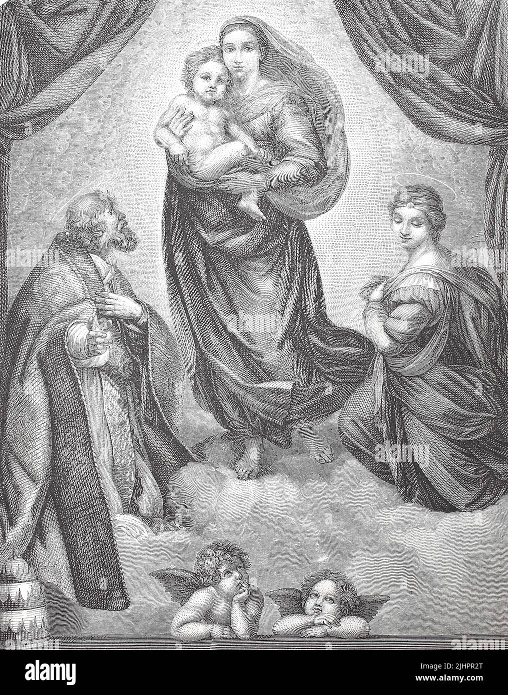 Die Sixtinische Madonna, auch Madonna di San Sisto genannt, ist ein Ölgemälde des italienischen Künstlers Raphael Sanzio / la Madonna Sixtine, également appelée la Madonna di San Sisto, est une peinture à l'huile de l'artiste italien Raphael Sanzio, Historisch, restaurant numérique Reproduktion einer Originalvoraus dem 19. Jahrhundert, genaues Originaldatum nicht bekannt, Banque D'Images