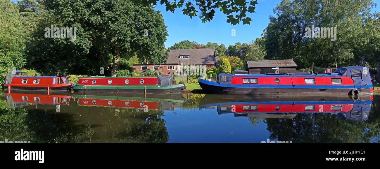 Trois barges sur le canal de Bridgewater à Thelwall, près de Grappenhall, Warrington, Cheshire, Angleterre, ROYAUME-UNI, WA4 Banque D'Images