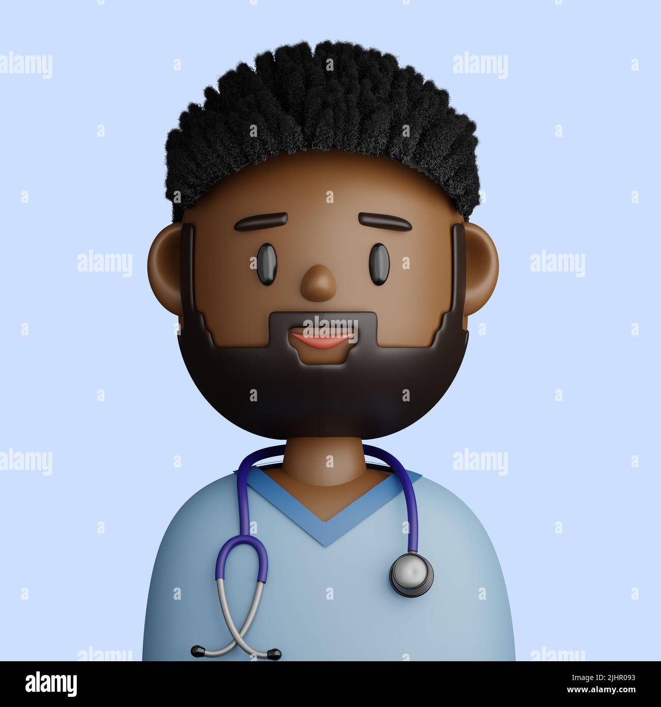 3D illustration du sourire barbu médecin homme Cartoon gros plan portrait du sourire noir homme médecin sur fond bleu. 3D Avatar pour ui ux. Banque D'Images