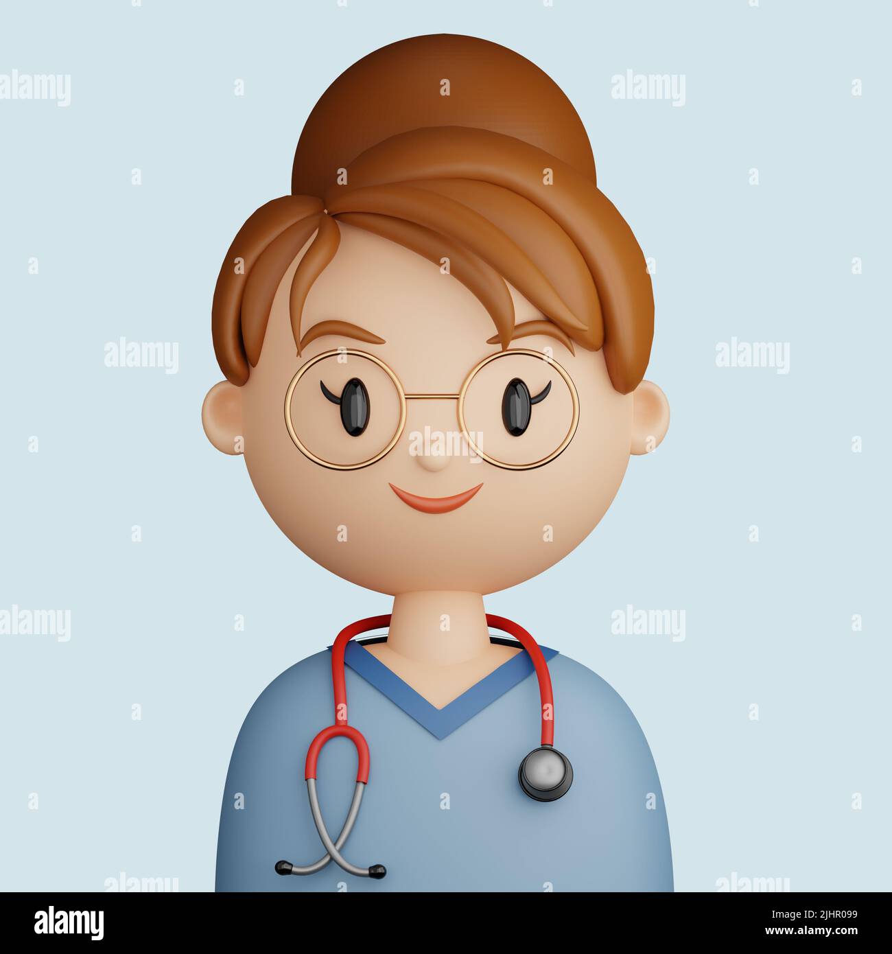 3D illustration de la jolie femme médecin Cartoon gros plan portrait de la femme souriante médecin sur fond bleu. 3D Avatar pour ui ux. Banque D'Images