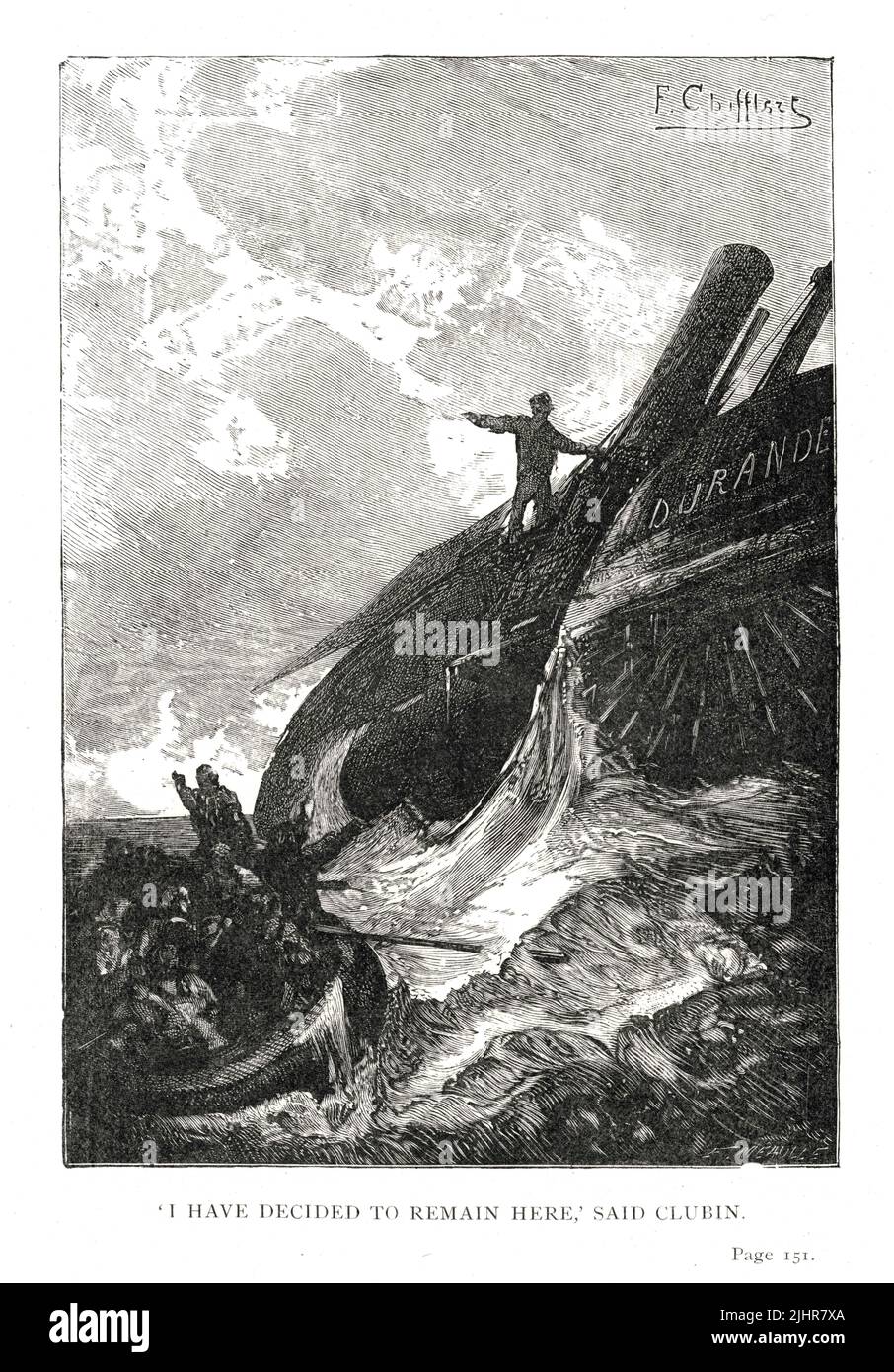 La fin de la Durande: «J'ai décidé de rester ici», dit Clubin. 'Le navire doit inévitablement aller à des morceaux dans la tempête à la nuit. Je ne la quitterai pas. Quand le navire est perdu, le capitaine est déjà mort. Première partie, Livre VI, chapitre V. Illustration d'un ensemble de 56 gravures publiées dans l'édition anglaise de 'les voyageurs de la Mer' ('les ailerons de la Mer'), par Victor Hugo, publiée en 1869 par Sampson Low, son et Marston. Illustrateur: François-Nicolas Chifflart. Graveur : Fortuné Méaulle. Banque D'Images
