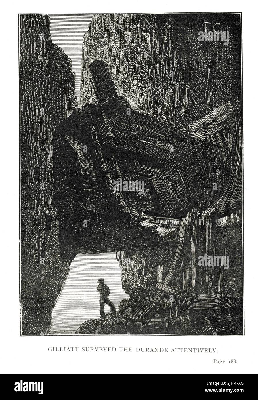 Où nous trouvons le Durande: 'Gilliatt a étudié le Durande attentivement. La quille a formé une toiture sur sa tête. Deuxième partie, Livre I, chapitre I. Illustration d'un ensemble de 56 gravures publiées dans l'édition anglaise de 'les voyageurs de la Mer' ('les ailerons de la Mer'), par Victor Hugo, publiée en 1869 par Sampson Low, son et Marston. Illustrateur: François-Nicolas Chifflart. Graveur : Fortuné Méaulle. Banque D'Images