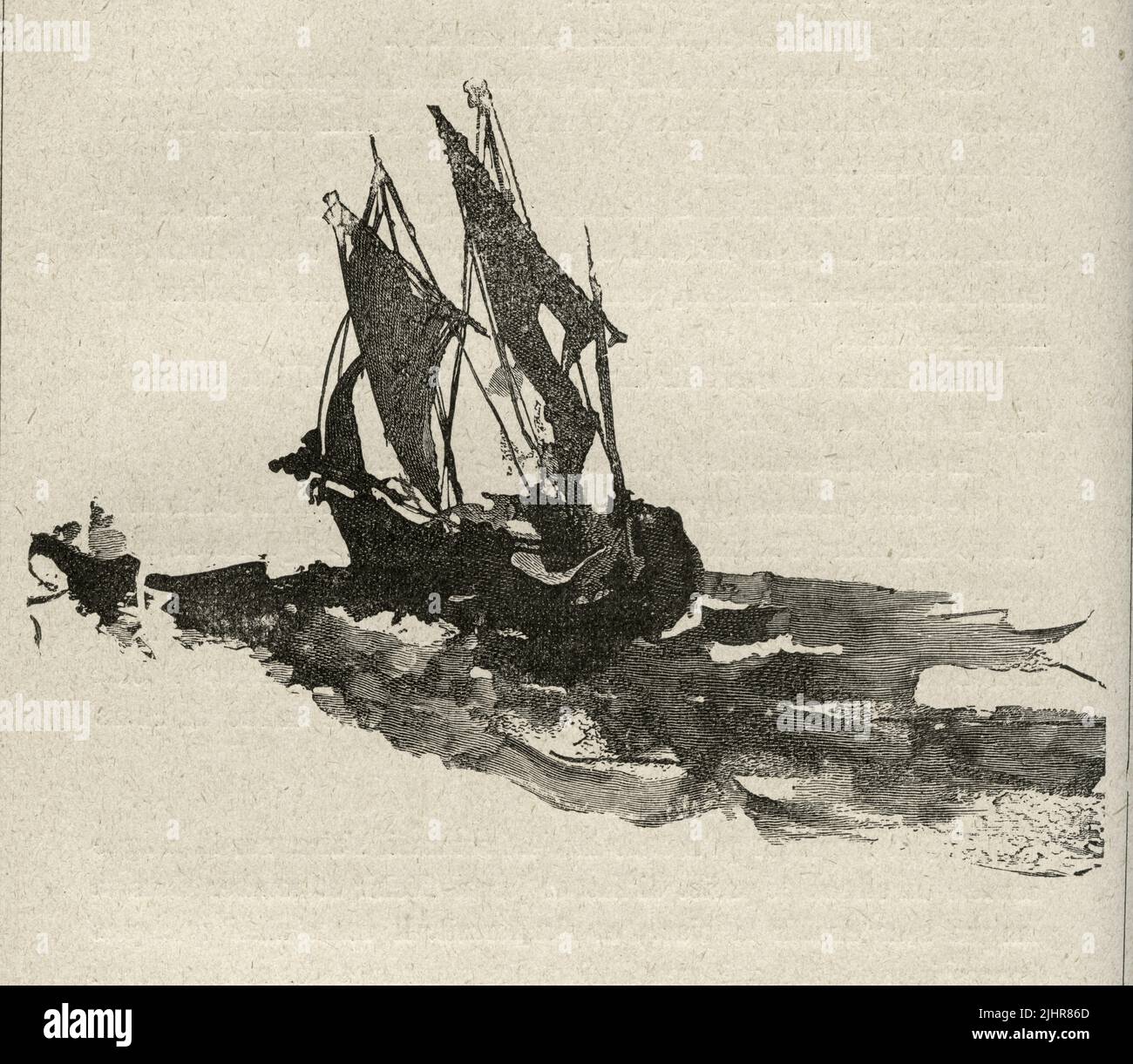 Le vent dans les voiles. Deuxième partie, Livre III, chapitre VI Illustrateur: Victor Hugo. Illustration d'un ensemble de près de 150 boiseries publiées dans le Volume XI des 'oeuvres Commètes' de Victor Hugo, y compris 'les Travailleurs de la Mer' ('les ailerons de la Mer') - écrit en 1866. Livre publié en 1906 par la Société d'éditions Littéraires et artistiques, Librairie Paul Ollendorff. Banque D'Images
