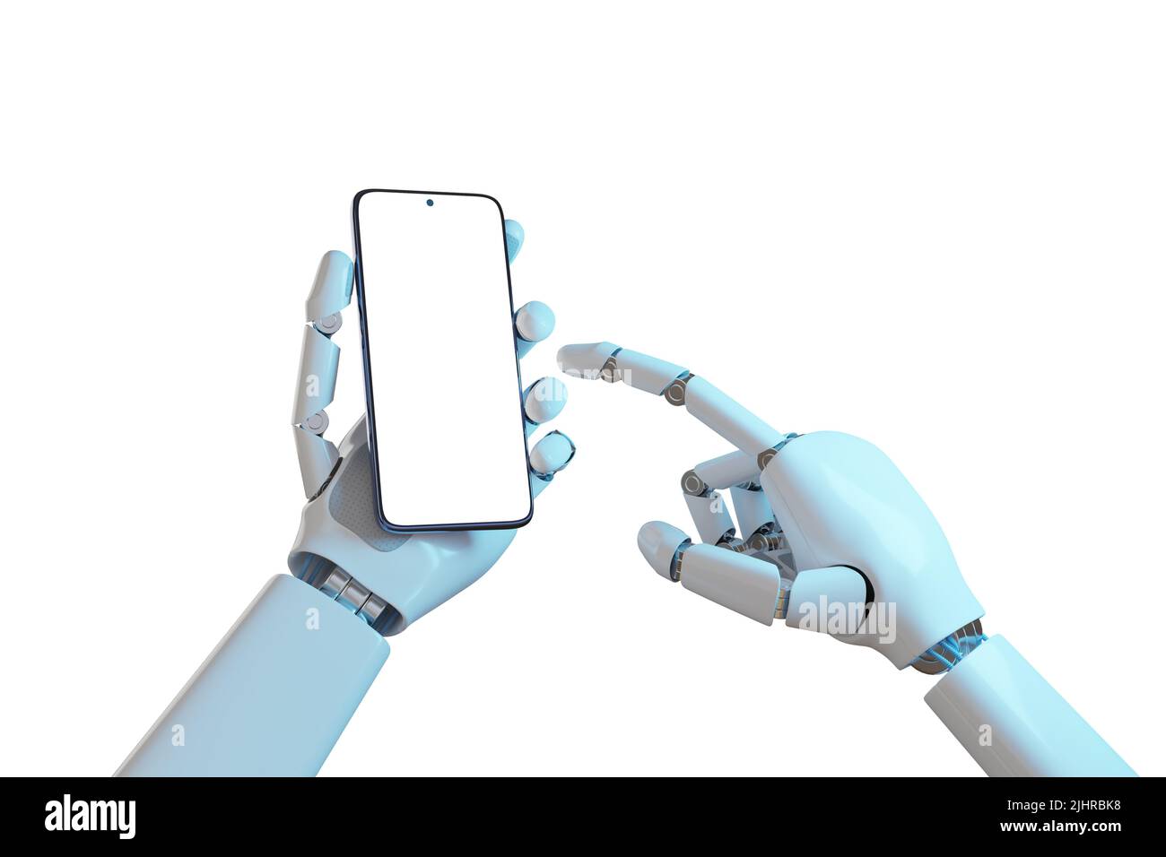 Mains robotisées utilisant un téléphone portable avec un écran vierge. 3d illustration. Banque D'Images