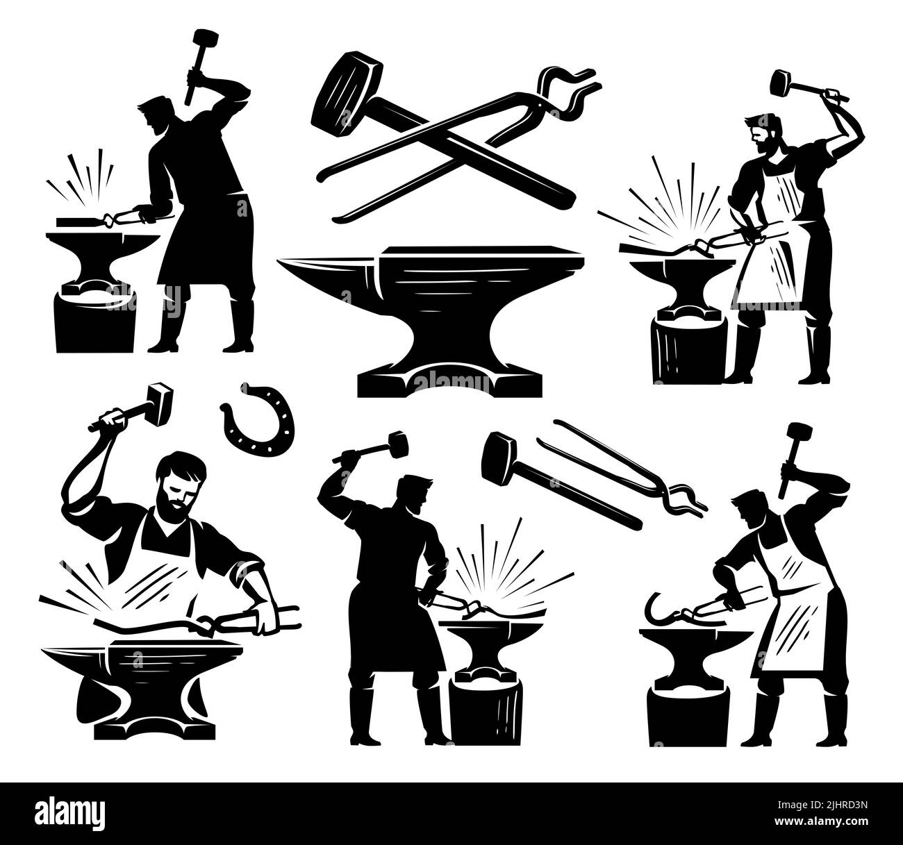 Forgeron concept d'artisanat isolé sur fond blanc. Illustration du travail en métal en atelier. Outils, marteau et enclume Banque D'Images