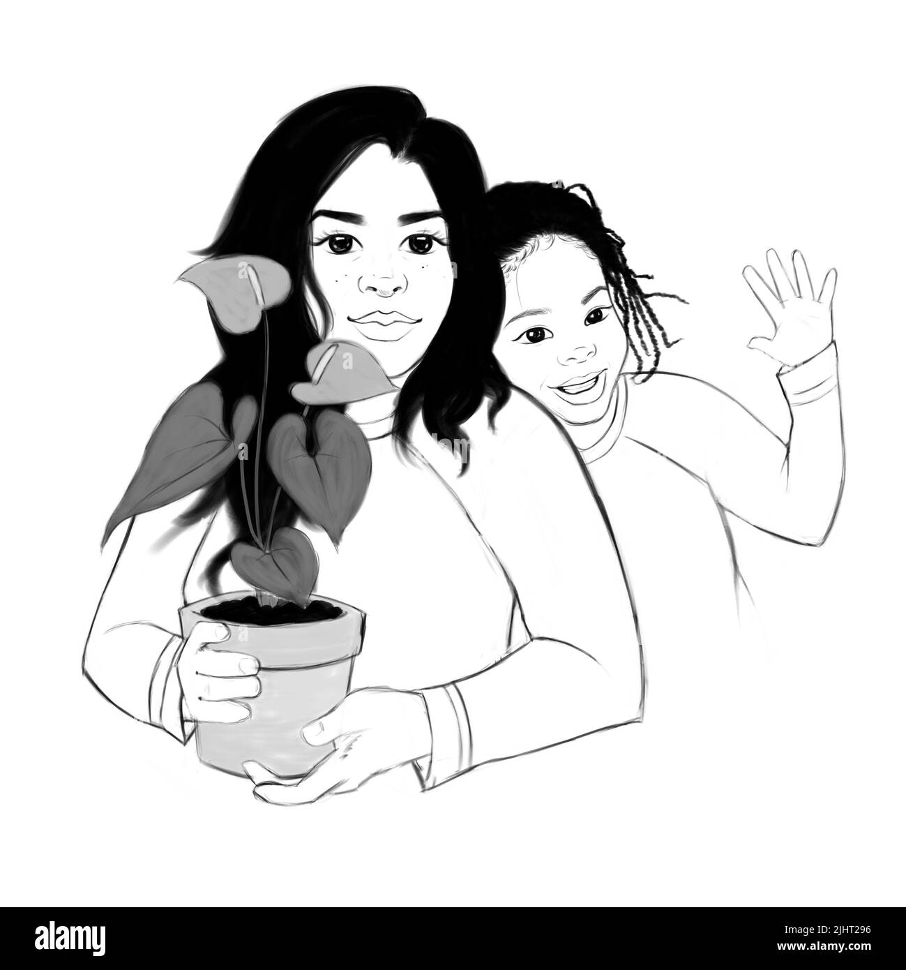 Une mère avec sa fille tenant une plante en pot isolée sur fond blanc Banque D'Images