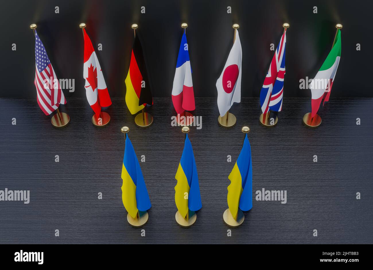 G7 pays contre la Russie, drapeaux de G7 pays, drapeau de l'Ukraine. Arrêter la guerre l'Ukraine et la Russie, G7 soutient l'Ukraine, 3D travaux et 3D illustration Banque D'Images