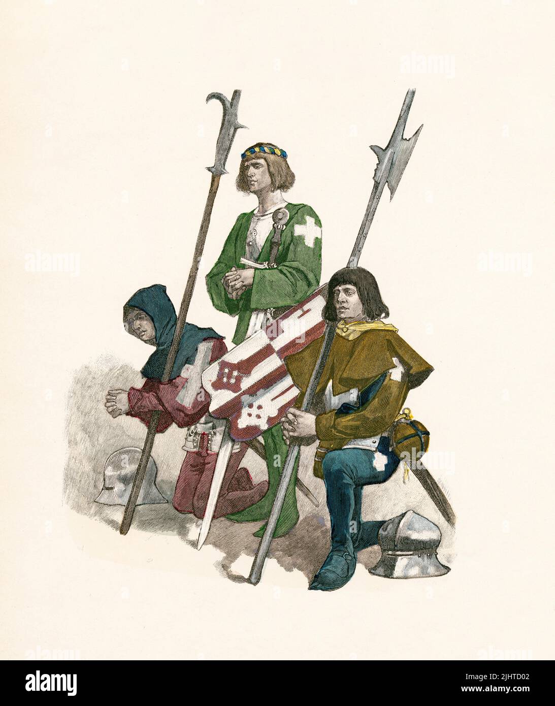 Fantassins, Costume militaire suisse, 15th Century, Illustration, l'Histoire du Costume, Braun & Schneider, Munich, Allemagne, 1861-1880 Banque D'Images