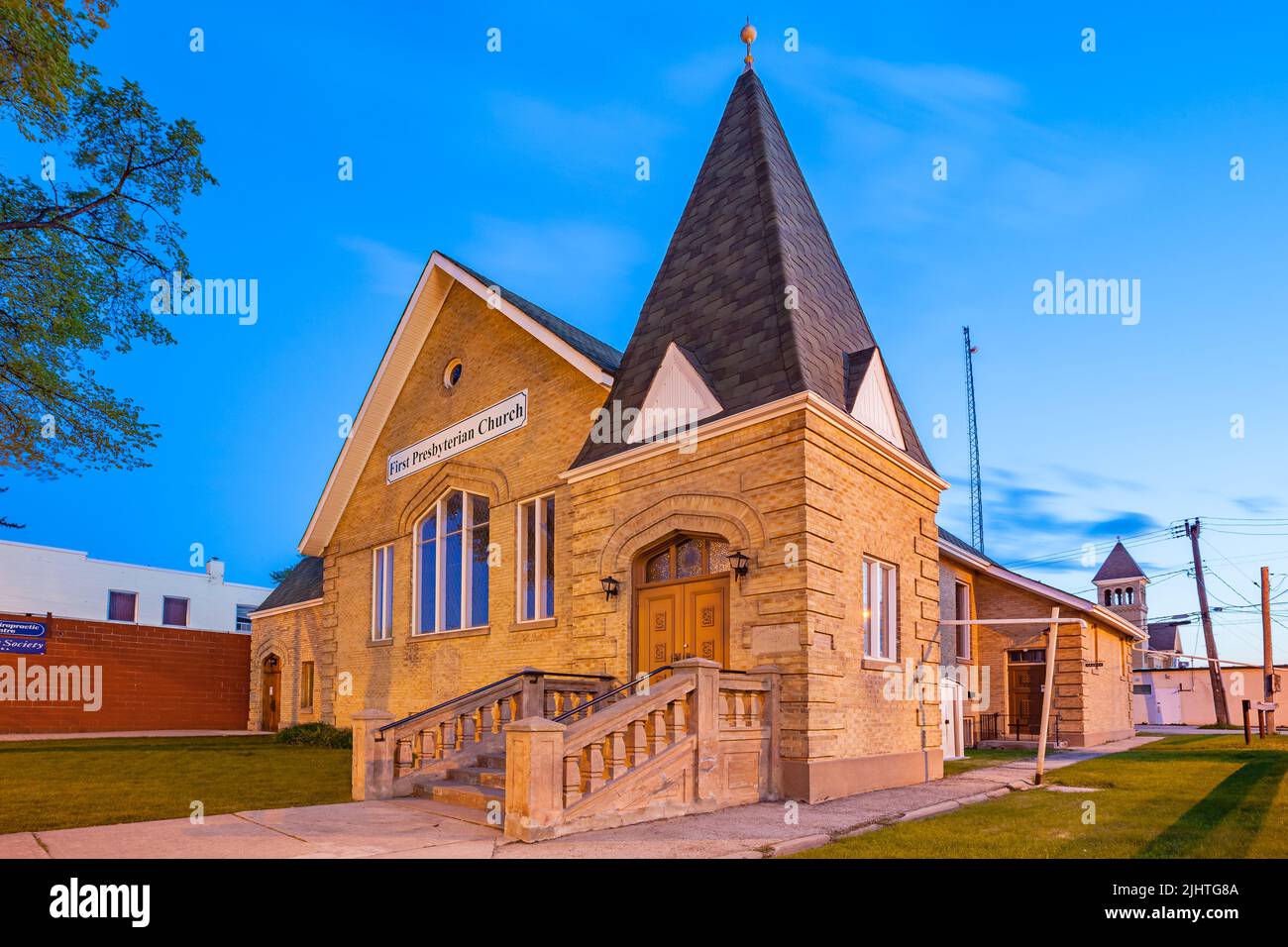 Première église presbytérienne au centre-ville de Portage la Prairie, Manitoba, Canada. Banque D'Images