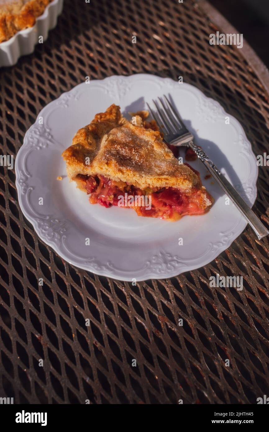 tranche unique, portion de tarte à la crème de rhubarbe sur plaque blanche, table extérieure Banque D'Images