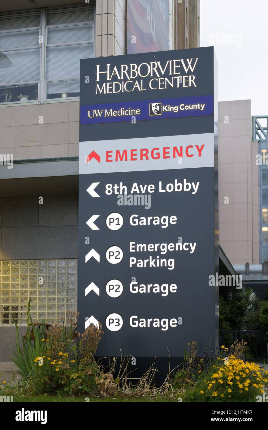 Seattle - 17 juillet 2022; panneau pour Harborview Medical Center trauma un hôpital à Seattle Banque D'Images