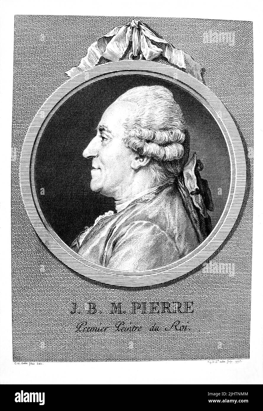 1770 CA , Paris , FRANCE : le peintre français JEAN-BAPTISTE MARIE PIERRE ( 1714 - 1789 ). Érudit du peintre Nicholas Bertin . Peintre officiel du roi Louis XVI , à l'Académie de France à Rome (Italie) de 1835 à 1740 avec la direction de Nicolas Vleughels et Jean-François de Troy . Portrait gravé par Augustin de Saint-Aubin ( 1736 - 1807 ), après C.N. Cochin , 1775 . - ARTS - ARTE - Francia - PORTRAIT - RITRATTO - HISTOIRE - FOTO STORICHE - profilo - profil - incisione - gravure - parrucca - perruque - FRANCIA --- Archivio GBB Banque D'Images