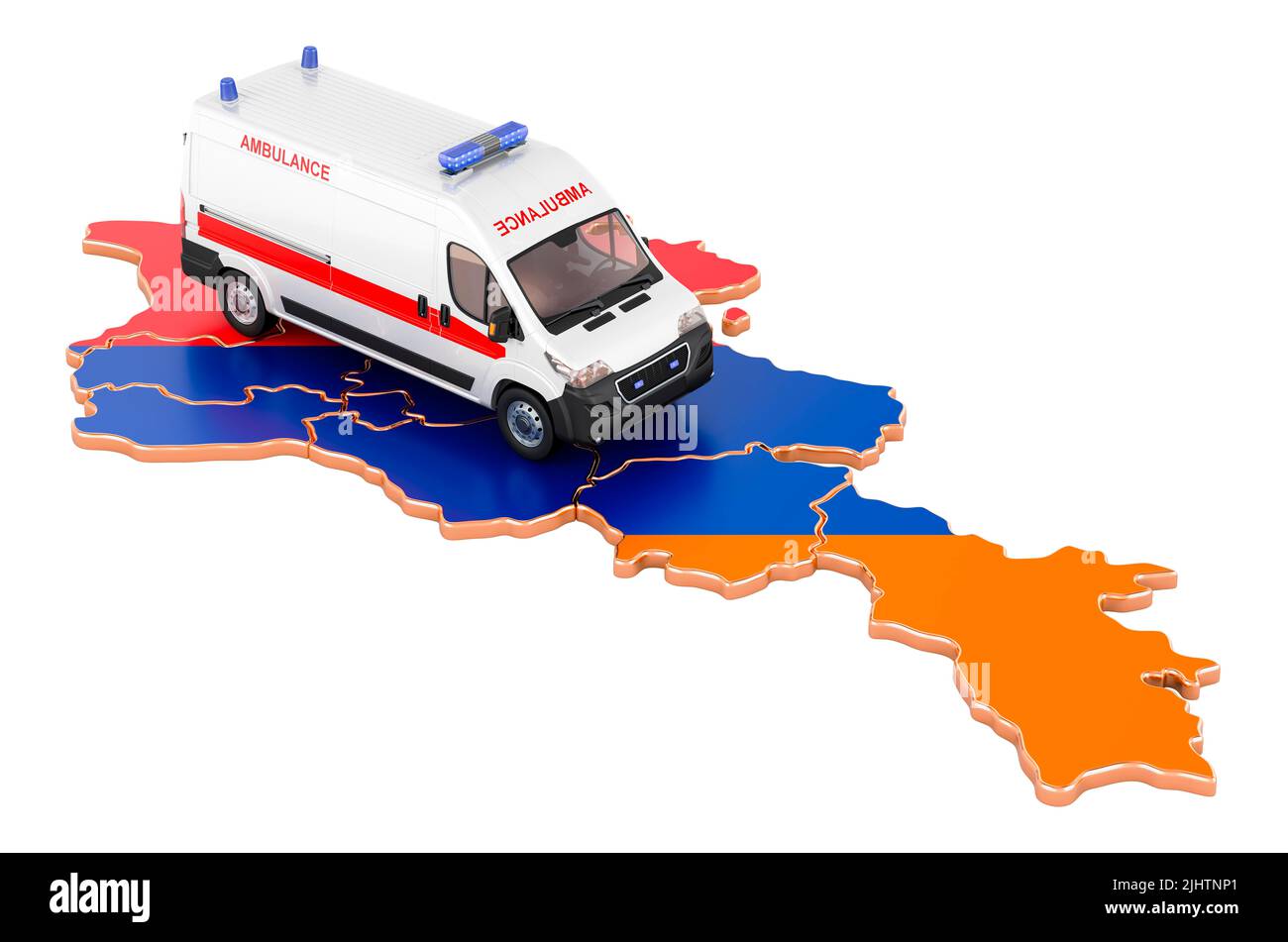 Services médicaux d'urgence en Arménie. Minibus ambulancier sur la carte arménienne. 3D rendu isolé sur fond blanc Banque D'Images