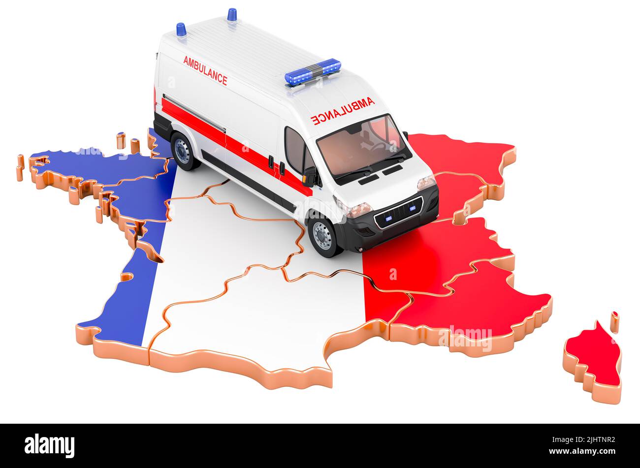 Services médicaux d'urgence en France. Minibus ambulancier sur la carte française. 3D rendu isolé sur fond blanc Banque D'Images