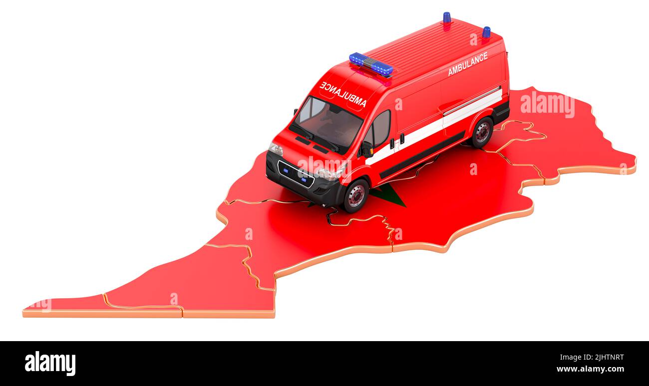 Services médicaux d'urgence au Maroc. Minibus ambulancier sur la carte marocaine. 3D rendu isolé sur fond blanc Banque D'Images