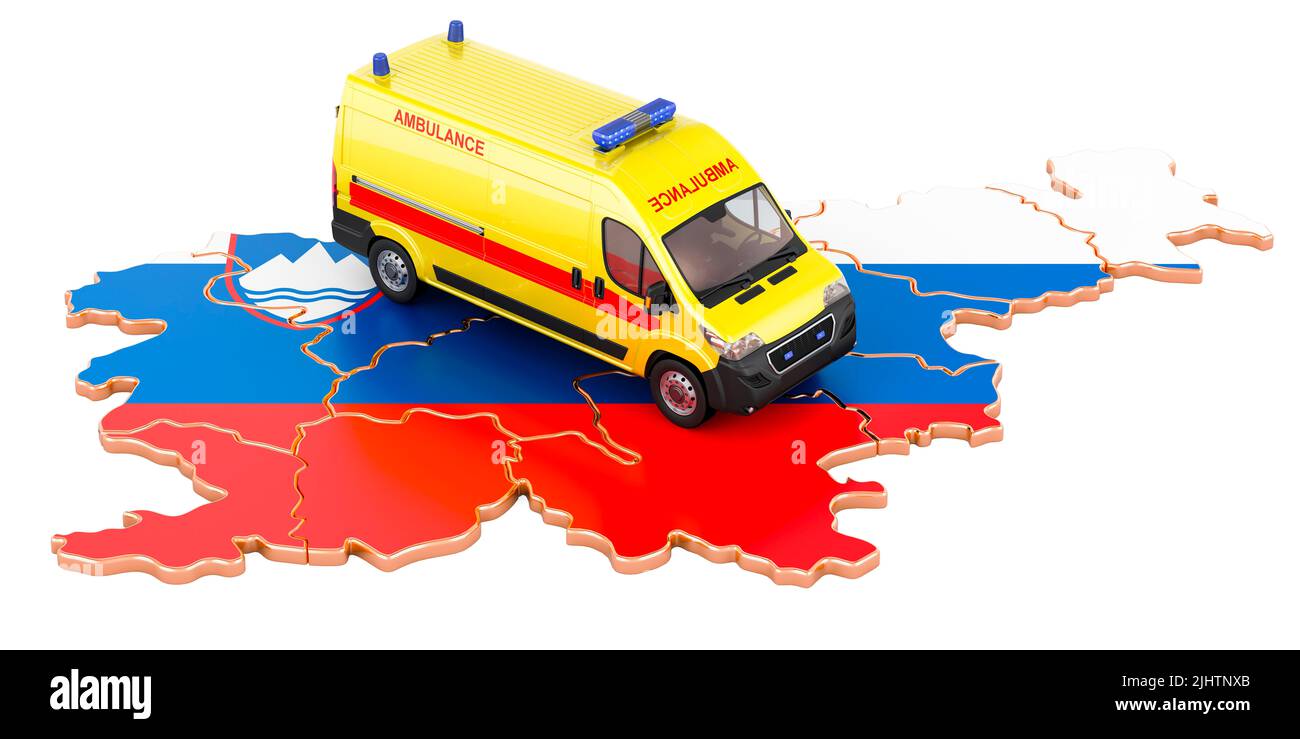 Services médicaux d'urgence en Slovénie. Minibus ambulancier sur la carte slovène. 3D rendu isolé sur fond blanc Banque D'Images